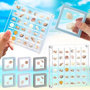 7 Pack of Seashell Display Box 36 Grids Large Acrylic Magnetic with 6 Pcs Small Clear Seashell Collecting Storage Organizer Case for Tiny Starfish Trinket Bead Jewelry Nails Collect