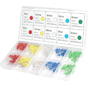 DiCUNO 200pcs(5 Colors x 40pcs) 5mm Bi-pin LED Light Emitting Diode Round Assorted Color White/Red/Yellow/Green/Blue Kit Box