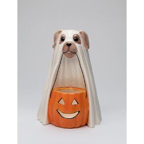 Cosmos Gifts 21020 Ghost Dog Holding Pumpkin Tealight Holder 4 7/8" X 4 5/8" X 6 3/8" H