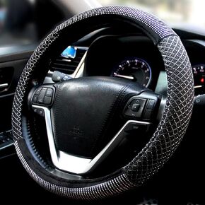 Diamond Car Steering Wheel Cover, Bling Crystal Rhinestone Steering Cover Universal, 15 Inch Anti-Slip Wheel Protector for Women or Men, Easy Installation and Cleaning (Half Silver)