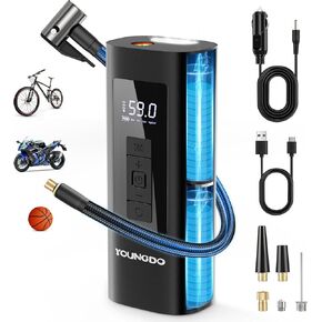 YOUNGDO Tire Inflator Portable Air Compressor, 150 PSI & 6000mAh, Tire Inflator with Pressure Gauge, Quick Inflation for Car,Motorcycle,Bike,Balls, Rechargeable Via USB-C as Torch and Power Bank