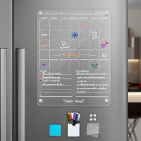 HINEE Acrylic Magnetic Calendar for Fridge 16x12, Clear Acrylic Calendar for Fridge, Refrigerator Calendar Magnetic Dry Erase Board, Includes 6 Markers, Magnetic Eraser and Marker Holder