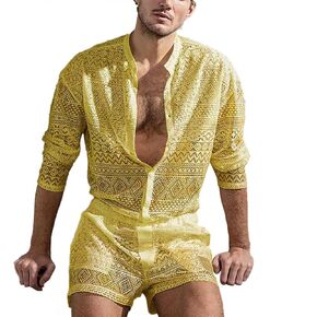 Men Lace Shirt Shorts Set Transparent Lace Button Down Long Sleeve Shirt Casual Hollow Top Shorts Set for Men(S-Yellow)