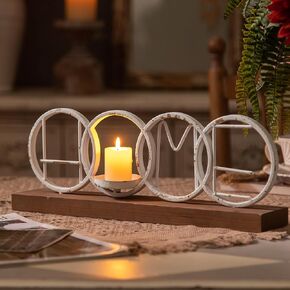 SOFE Unique White Tea Light Candle Holder, Rustic Candle Holder with Home Sign, Wrought Iron Votive Candle Holder Table Centerpiece, Candle Stands Decorative for Christmas, Thanksgiving