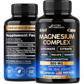 Magnesium Supplement - 5 in 1 Complex 500 mg | Glycinate | Citrate | Malate | Taurate | Oxide - Made in USA - Stress, Muscle & Heart Support - Vegan, Natural, Non-GMO - 180 Capsules, 2 Month Supply