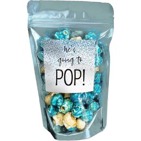 Puremigo 50 Pack Luxury Ready Pop Popcorn Bags Baby Shower, Popcorn Bags, Stand up Zip Pouches Treat Bags (He's going to POP! Blue)