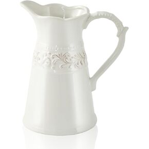 White Ceramic Pitcher Vase, Flower Vase Pitcher,farmhouse vase for Home Décor, 8.5inch Jug Vase.