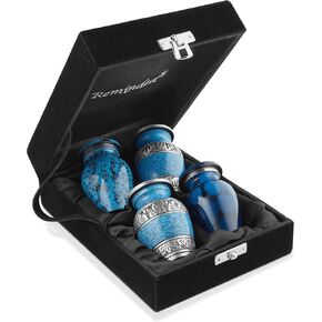 Reminded Small Cremation Urns for Human Ashes, Mini Keepsake Set of 4 Blue and Silver with Velvet Case