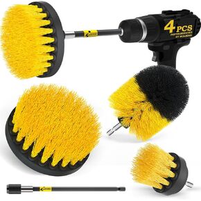 Holikme 4 Pack Drill Brush Attachments Set, Power Scrubber with Extend Long Attachment，Cleaning Supplies for Bathtub, Shower, Grout, Tile(Yellow)