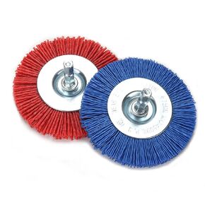 2 Pack 3 inch Nylon Filament Abrasive Wire Brush Cup Polishing Wheel with 1/4inch Hex Shank Surface Cleaning Rust Removal Deburring Bule/Red 120 240