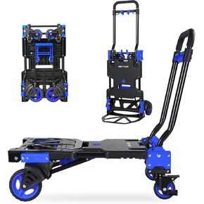 SEYVUM Folding Hand Truck with Brakes, 2 in 1 Dolly Cart with 4 Wheels, Retractable Handle Shopping Cart, Max Capacity 300 lbs, for Moving, Luggage, Shopping, Office