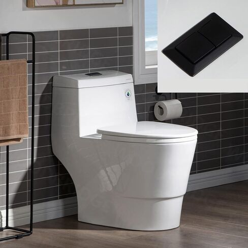 WOODBRIDGE One Piece Toilet with Soft Closing Seat, Chair Height, 1.28 GPF Dual, Water Sensed, 1000 Gram MaP Flushing Score Toilet with Chrome Button T0001-CH, White in Saudi Arabia