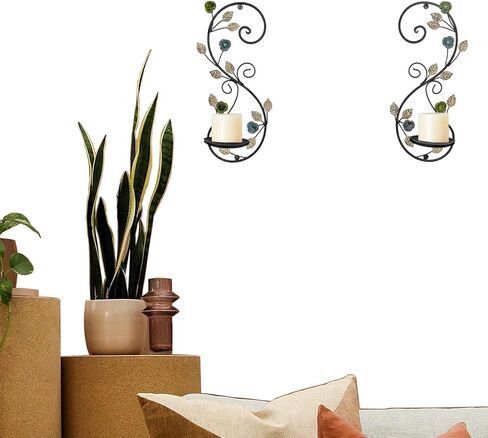 Wall Sconces Candle Holder Set of 2, Antique Multi-Color Leaf Branch Wall Mount Hanging Metal Wall Candle Holder Candle Sconce for Living Room Dining Room in Saudi Arabia