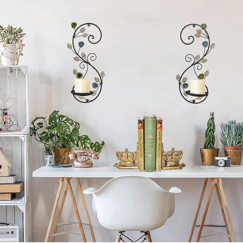 Wall Sconces Candle Holder Set of 2, Antique Multi-Color Leaf Branch Wall Mount Hanging Metal Wall Candle Holder Candle Sconce for Living Room Dining Room in Saudi Arabia