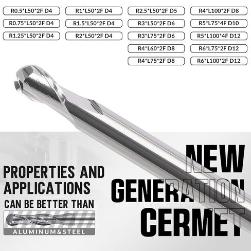 Cermet Ball Nose End Mill -2 Flute-2mm, 2.5mm, 3mmfor Drill Press & Milling Machine,CNC Router Bits Carbide Speed Square for Medium &Low-Carbon Steel，High Speed Machine & More (R2-L50-D4) in Saudi Arabia