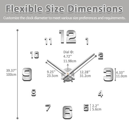 Mintime Modern بدون إطار DIY ساعة حائط كبيرة ثلاثية الأبعاد ساعة حائط أرقام مرآة لديكورات المكاتب المنزلية in Saudi Arabia
