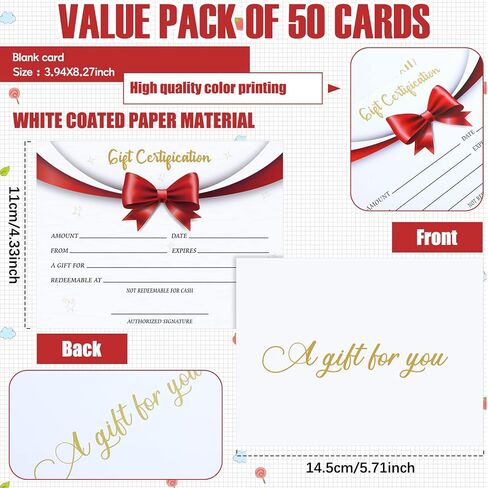 50 Pcs Christmas Blank Gift Certificates and Paper Vouchers for Small Businesses Salon, Restaurants, Spa, Business, Birthday, Weddings, Graduation, Work Business Gift Card (4 x 9 Inches) in Saudi Arabia