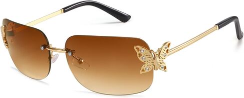 Dollger Rectangle Y2k Sunglasses for Women Fashion Rimless 2000s Square Brown Sun Glasses Butterfly 90s Cool Shades in Kuwait