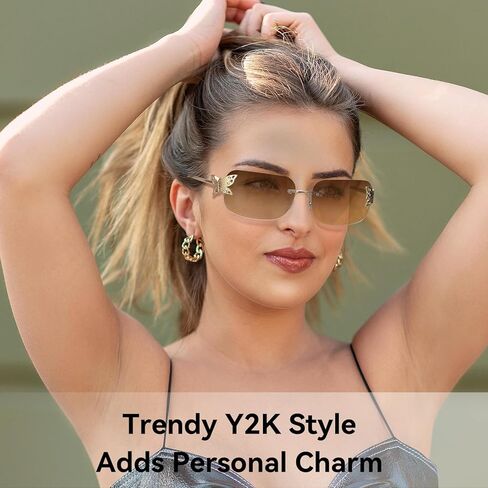 Dollger Rectangle Y2k Sunglasses for Women Fashion Rimless 2000s Square Brown Sun Glasses Butterfly 90s Cool Shades in Kuwait