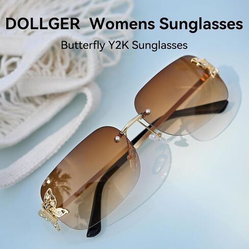 Dollger Rectangle Y2k Sunglasses for Women Fashion Rimless 2000s Square Brown Sun Glasses Butterfly 90s Cool Shades in Kuwait
