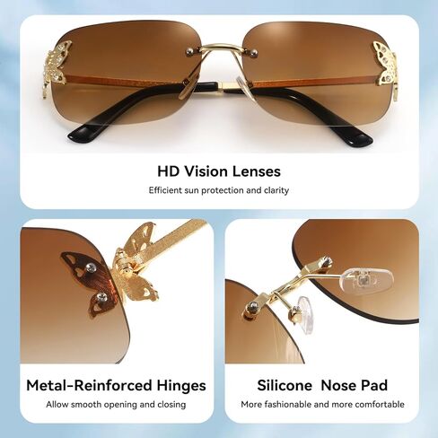 Dollger Rectangle Y2k Sunglasses for Women Fashion Rimless 2000s Square Brown Sun Glasses Butterfly 90s Cool Shades in Kuwait