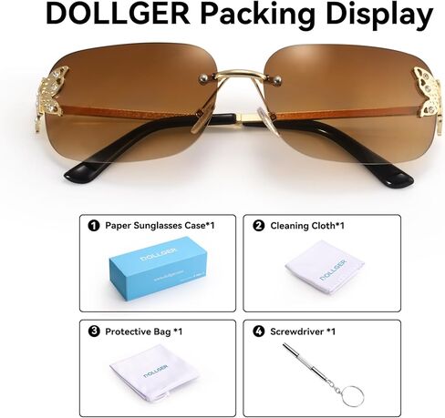 Dollger Rectangle Y2k Sunglasses for Women Fashion Rimless 2000s Square Brown Sun Glasses Butterfly 90s Cool Shades in Kuwait
