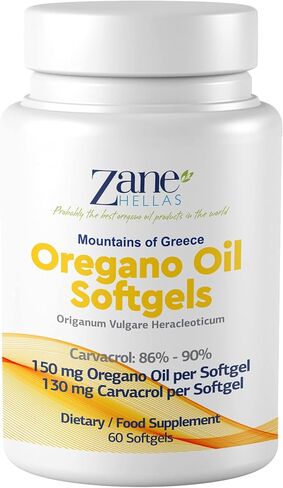 130 mg Carvacrol - 150 mg Oregano Oil per Softgel. World Highest Concentration Oregano Oil Capsule. Zane Hellas Oregano Oil. Softgel Contains 30% Greek Essential Oil of Oregano. 120 Softgels. in Saudi Arabia