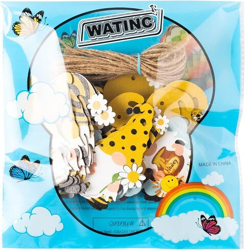 WATINC 25 Pack Bee Gnome Hanging Wooden Ornament, Yellow Honeybee Gnome with Hat Wooden Pendant for Birthday Party Decor, Summer Animals Themed Hanging Tag with Rope for Holiday Party Favor Supplies in Saudi Arabia