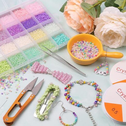 مجموعة أدوات الخرز الزجاجي من Yholin، 3360 قطعة 4 مم 6/0 خرز حرفي صغير مع إبرة خرز، ملاقط وسلسلة مرنة لقلادة سوار DIY مستلزمات صناعة المجوهرات in Kuwait