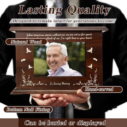 Cremation Memorial Urns for Human Ashes with Photo Frame Funeral Memorial Wooden Casket Box for Female Male Large Burial Urn for Adults Up to 270 LBS in Saudi Arabia