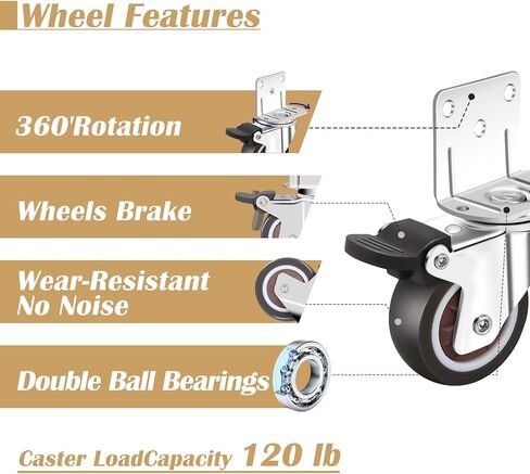 2 Inch Dual wheel TPR Rubber Caster Wheels for Furniture, Plate Swivel Caster Wheels Set of 4,No Noise No Floor Marks Silent, for Baby Bed,Cabinet (2 with Brake), Silver in Saudi Arabia