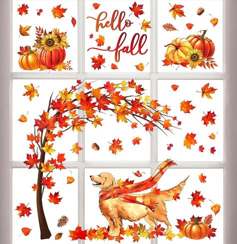 4 Sheet Fall Pet Window Clings Autumn Harvest Dog Pumpkin Maple Leaves Reusable Window Decals for Thanksgiving Office School Supplies Glass Home Decor in Saudi Arabia