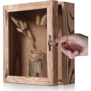 Shadow Box Frame 11x13 in, 4.7 in Depth, Rustic Burnt Wood, Linen Back, Vintage Latch, Acrylic Door, Wall Mounted or Tabletop Display, 10 Pins for Memorabilia for Photos