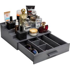 Cologne Organizer for Men, 4 Tier Perfume Stand Organizer with Drawer and Hidden Compartment for Storing Perfumes and Accessories - A Great Gift for Men （Dark Gray