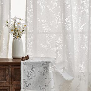 White Boho Sheer Curtain 63 Inch Length for Living Room Home Decoration Grommet Floral Elegant Window Treatments with Light Filtering for Bedroom Bathroom Western Curtains, W55 X L63, Ivory