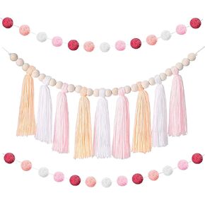 Andiker Boho Tassel Garland, Tassel Wall Hanging Decor with Wood Bead and 2Pcs Colorful Pom Pom Garlands for Wedding Baby Shower Party Decoration (Pink)