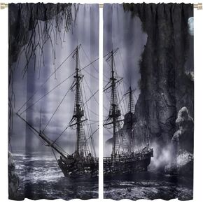 Nautical Map Curtain,World Map Sailboat Compass Boys Kids Pirate Ship Ocean Theme Blackout Window Door Curtains for Bedroom Living Room Home Decor 42x45in