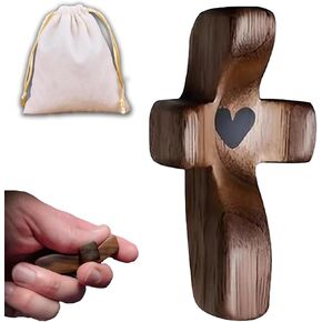 KyooteLfv Cross My Heart, Encouragement Gift Wooden Cross for Christians, Fingertip Stress Relief Religious Gifts for Praying, Small Pocket Cross in Bulk with Bag, Walnut Wooden Crosses, 10pcs