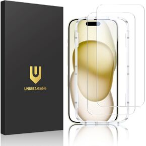 واقي شاشة غير قابل للكسر من 3 قطع لهاتف iPhone 15، زجاج مقسى مزدوج مقاوم للكسر [إطار سهل التركيب] [صلابة 9H] [99.99% HD Clear] [صديق للحافظة] لهاتف iPhone 6.1 بوصة