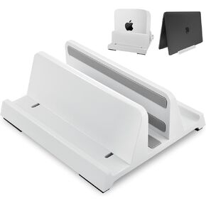 Vertical Laptop Stand Holder, Dual-Slot ABS Organizer with Adjustable Dock, 4 in 1 Design Space-Saving, Sturdy Laptop Computer Holder for PC up to 17.3 inches, MacBook, Mini PC, iPad, Surface