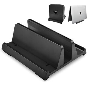 Vertical Laptop Stand Holder, Dual-Slot ABS Organizer with Adjustable Dock, 4 in 1 Design Space-Saving, Sturdy Laptop Computer Holder for PC up to 17.3 inches, MacBook, Mini PC, iPad, Surface