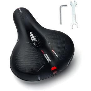 9.8"x8" Comfy Bike Seat Wide Bicycle Saddle Replacement Cushion with Dual Shock Absorbing Stationary Bike Seat for Exercise Mountain Road Bikes with Reflect Safety Soft Durable