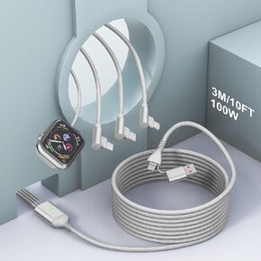 100W Multi Charging Cable 4 in 2 for Apple Watch Charger - 90 Degree Travel Watch & Phone Charger with Lightning/Type C/Micro USB Port Compatible with All iWatch iPhone MacBook iPad Galaxy S23