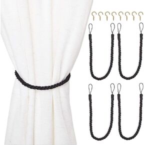 Juvale 4-Pack Black Cotton Window Curtain Tiebacks Tie Back with 8 Hooks, 26" Holdbacks Rope for Drapes