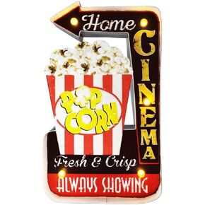 Metal Popcorn Light Sign Vintage Style Wall Decoration Industrial Marquee Embossed Tin wall Decor for Convenience store, Service Station, Bar or Cinema Wall Hanging Sign–Battery Operated (B)
