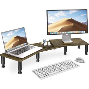 Dual Monitor Stand Riser, Monitor Stand with Adjustable Length and Angle, Wood Monitor Stand for Desk, Monitor Riser for 2 Monitors with Storage Space