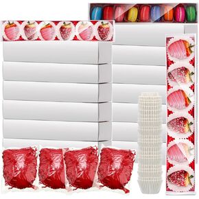 Cholemy 40 Sets Chocolate Strawberries Boxes with Clear Window 250 Pcs Paper Food Trays 4 Bags Raffia Bakery Macaron Boxes Disposable Serving Trays Gifts 12 x 2.2 x 2 Inches(Red)