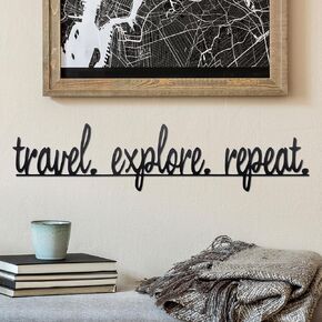Travel Explore Repeat Metal Sign Travel Memories Home Wall Decor Travel Signs for Home Living Room Bedroom Office Travel Lover Gift, 16.2 x 3.8 in