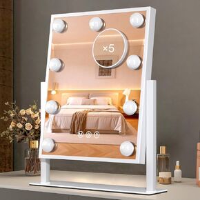 Hollywood Vanity Makeup Mirror with 9 LED Bulbs 12" x 14" Vanity Mirror with Lights - Touch Control Design 3 Colors Lights Tabletop Makeup Mirror, 360°Rotation(White)