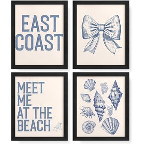 JXREQ Coastal Granddaughter Preppy Bow Coquette Aesthetic Wall Decor Posters, Coquette Room Decor Seashell East Coast Wall Art, College Dorm Decor Prints for Teen Bedroom Bathroom, 8x10 Inch 4Pcs Blue